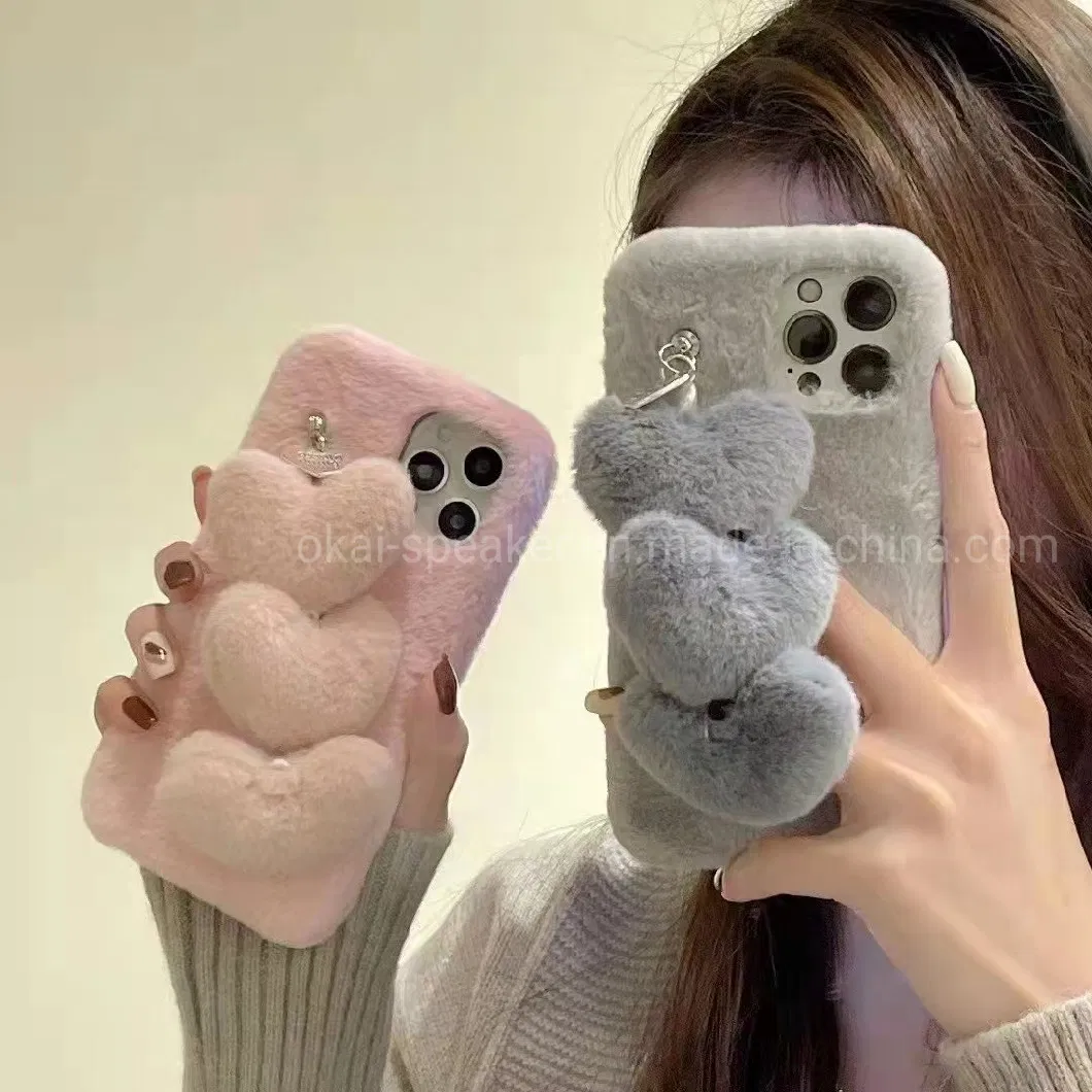 Cute Short-Plush Warm Fluffy Rabbit-Fur TPU Cell Phone Cases with Heart Wristband Strap