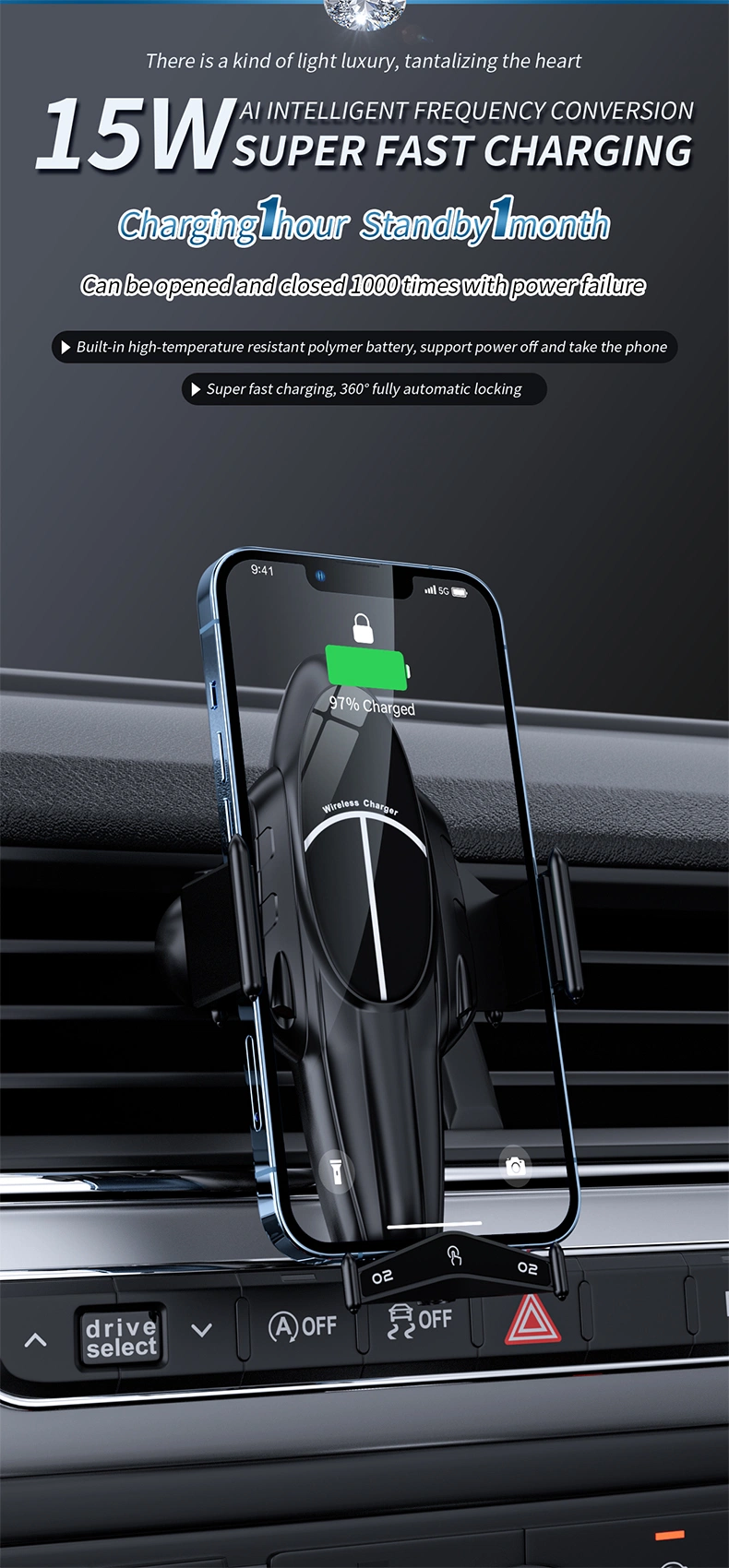 Smart Sensor Car Wireless Charger 15W Simple Fast Wireless Car Charge Charging Phone Infrared Smart Sensor Air Vent Holder
